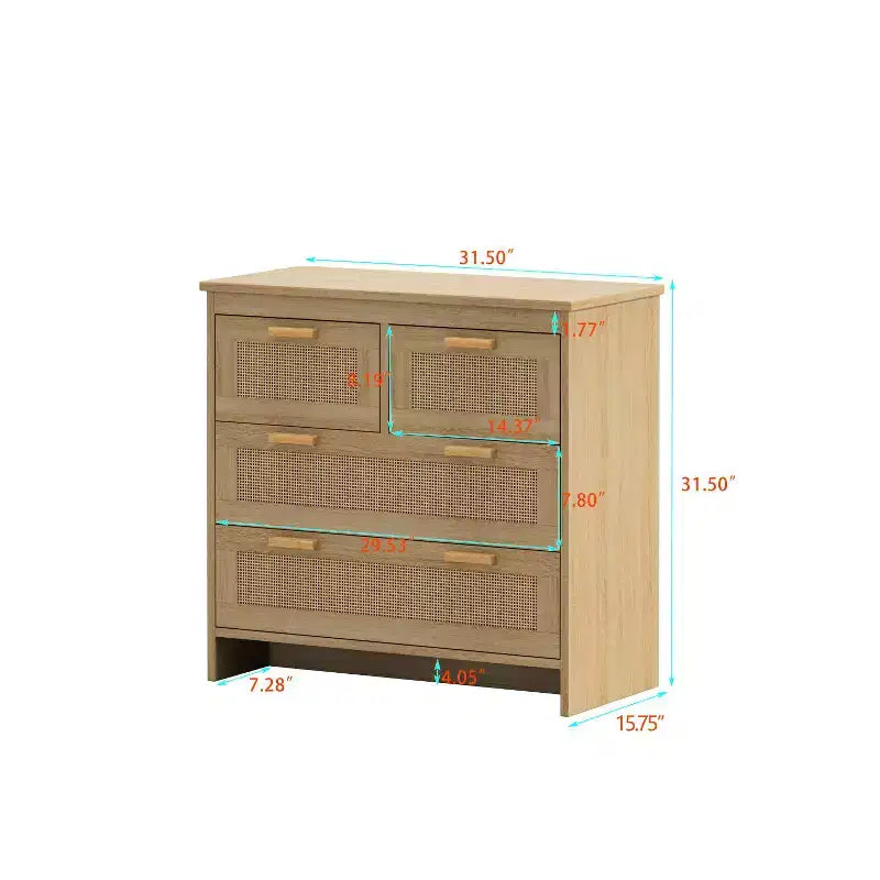 4-Drawer Rattan Dresser, Storage Cabinet with Cane Drawer Fronts, Horizontal Chest for Bedroom, Living Room, Dining Room & Hallway - Panipeachy