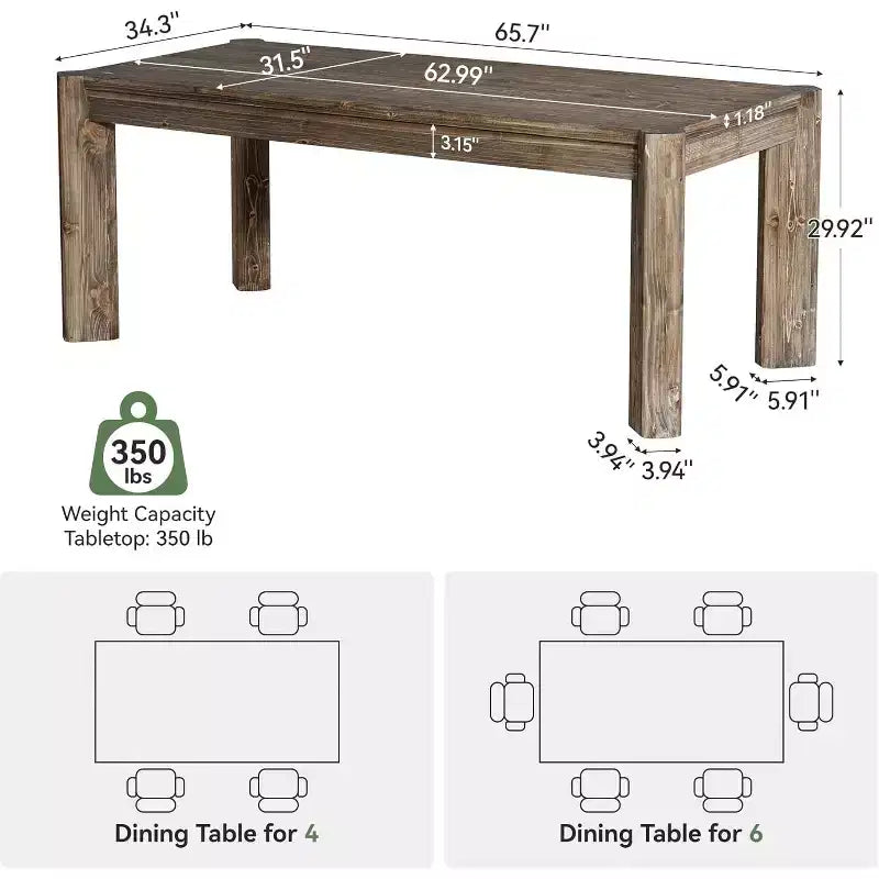 Lantine 63 Solid Wood Dining Table for 6 People, Farmhouse Kitchen Table with Heavy Duty Legs for Dining Room, Easy Assembly