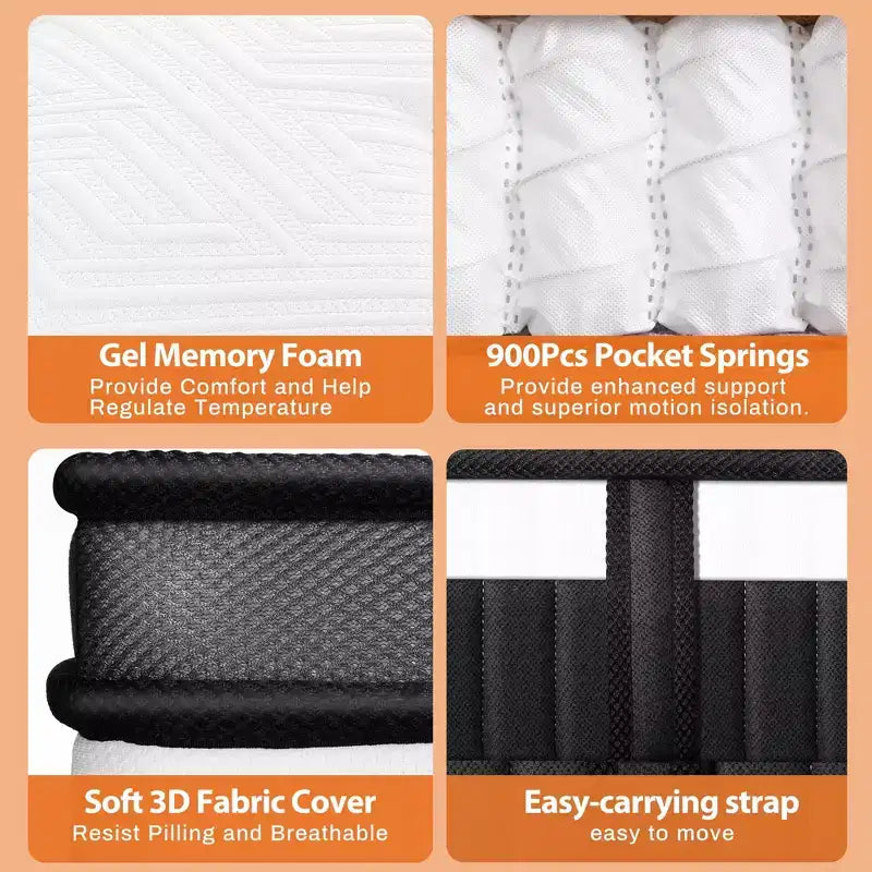 Queen Mattress in a Box, 14in Queen Size Mattress, Memory Foam Mattress with Cooling Gel, Pocket Springs for Motion Isolation