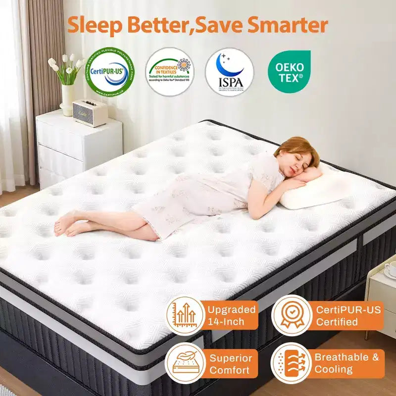 Queen Mattress in a Box, 14in Queen Size Mattress, Memory Foam Mattress with Cooling Gel, Pocket Springs for Motion Isolation