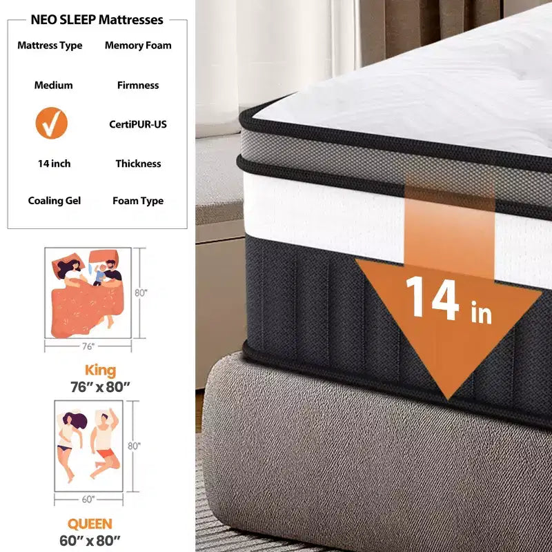 Queen Mattress in a Box, 14in Queen Size Mattress, Memory Foam Mattress with Cooling Gel, Pocket Springs for Motion Isolation