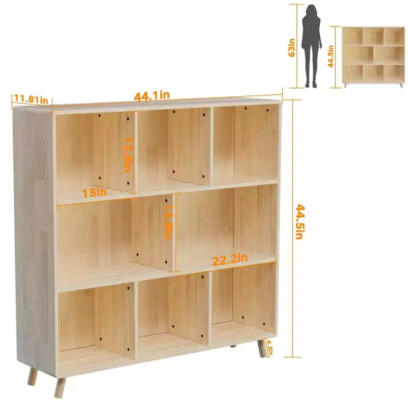Pine Wood 8-Compartment Storage Cabinet, 44L x44 H Fixed Shelves Organizer for Books/Toys/Home Dcor, Modern Wooden Bookcase