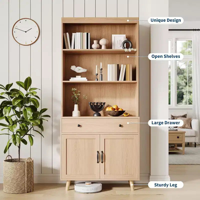 72.4 Freestanding Wooden Bookcase with Storage, Tall Bookshelf Featuring Doors & Drawers, Display Shelf for Living Room, Office, Bedroom, Kitchen
