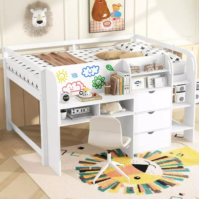 Full Size Low Loft Bed with Built-in Desk,Storage Cabinets and Open Bookcase,Whiteboard for Graffiti,White Full Size Low Loft Bed with Built-in Desk