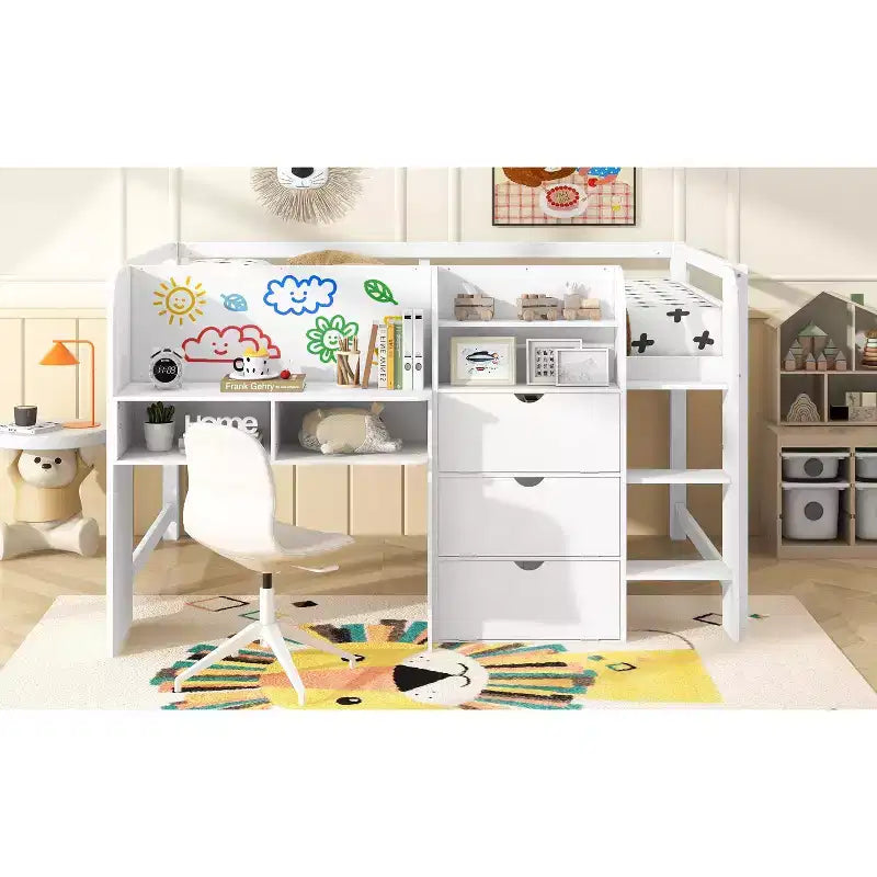 Full Size Low Loft Bed with Built-in Desk,Storage Cabinets and Open Bookcase,Whiteboard for Graffiti,White Full Size Low Loft Bed with Built-in Desk