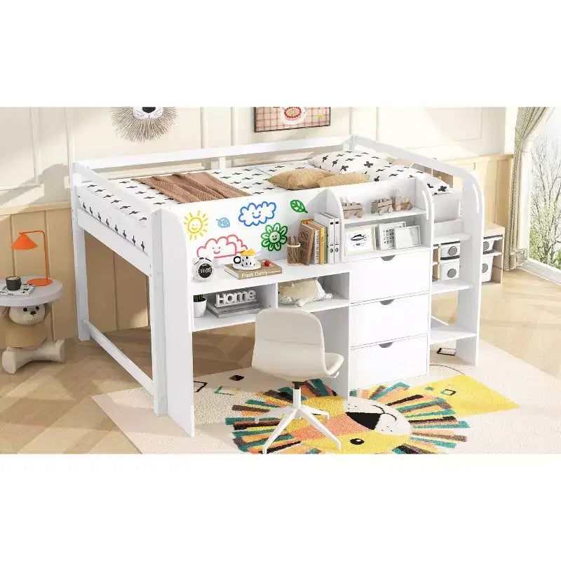 Full Size Low Loft Bed with Built-in Desk,Storage Cabinets and Open Bookcase,Whiteboard for Graffiti,White Full Size Low Loft Bed with Built-in Desk