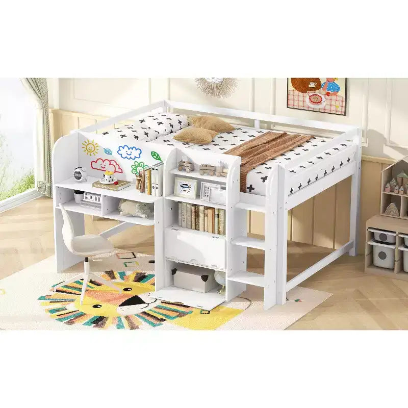Full Size Low Loft Bed with Built-in Desk,Storage Cabinets and Open Bookcase,Whiteboard for Graffiti,White Full Size Low Loft Bed with Built-in Desk