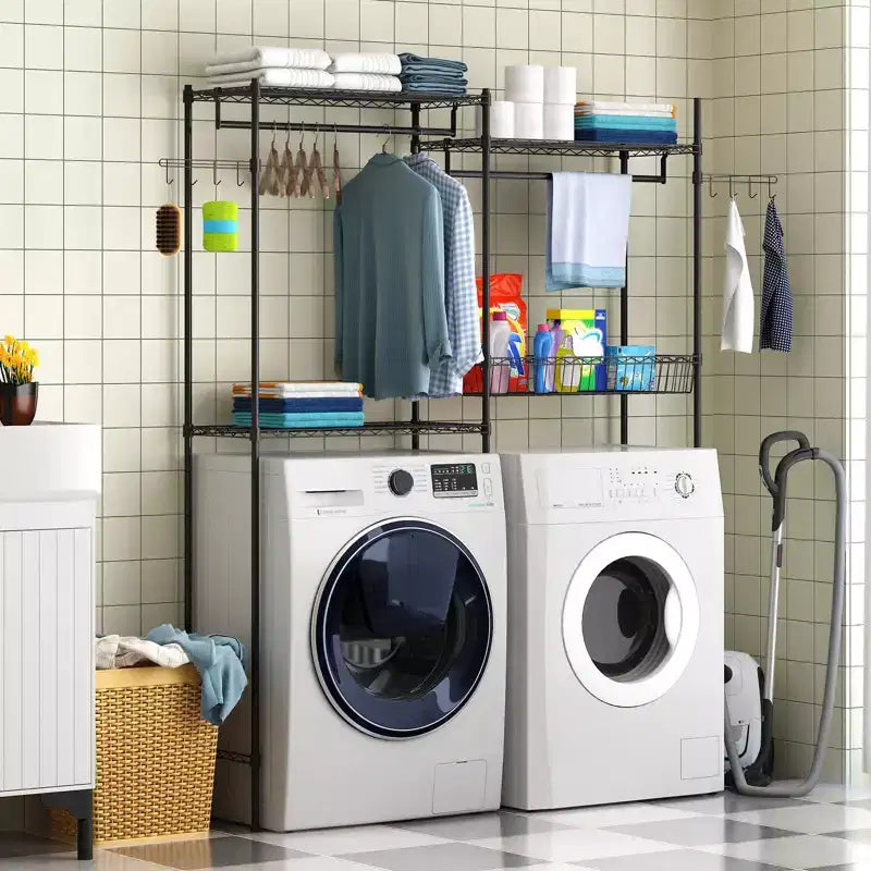 Over Washer and Dryer Shelves, Laundry Room Clothes Drying Rack, Storage and Organizer Shelf, Adjustable Height Wire Shelving and Wire Basket