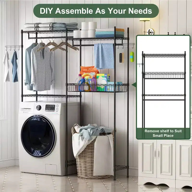 Over Washer and Dryer Shelves, Laundry Room Clothes Drying Rack, Storage and Organizer Shelf, Adjustable Height Wire Shelving and Wire Basket