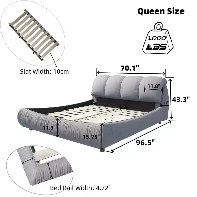 MAYEERTY Queen Size Luxury Upholstered Platform Bed with Oversized Padded Backrset and Solid Wood Frame Gray