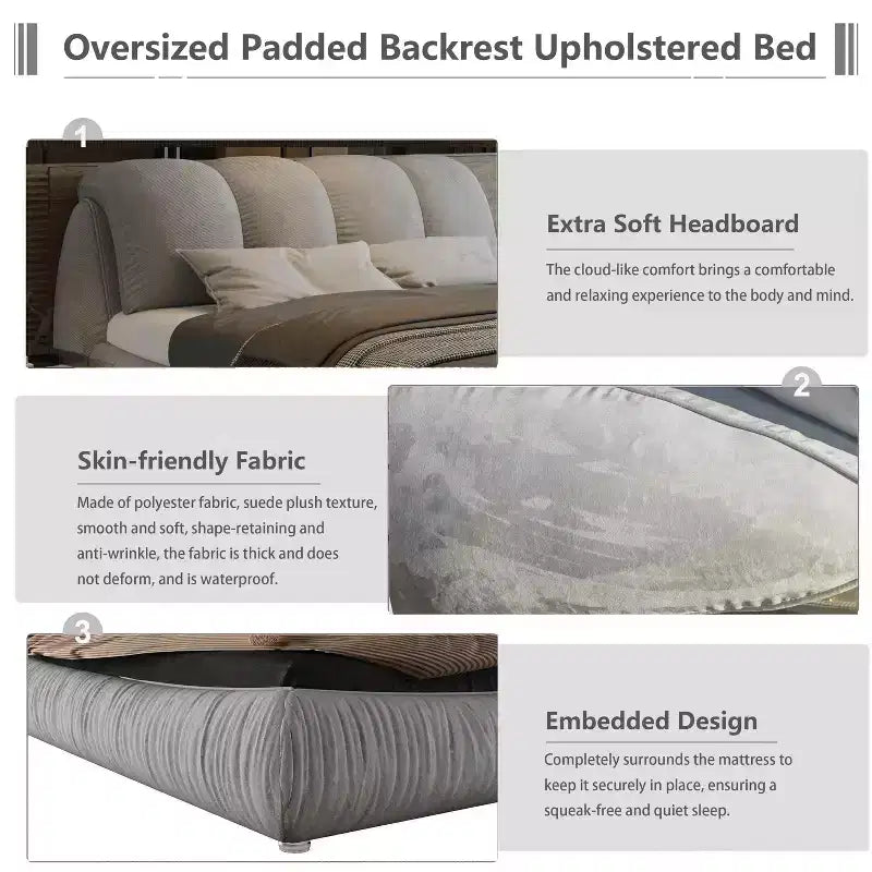 MAYEERTY Queen Size Luxury Upholstered Platform Bed with Oversized Padded Backrset and Solid Wood Frame Gray