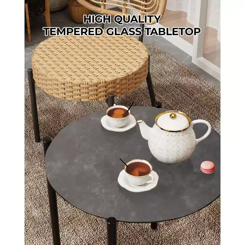 COZONY 3-Piece Wicker Patio Bistro Set, Outdoor Furniture Set with Round Rattan Chairs & Coffee Table, Perfect for Yard, Garden