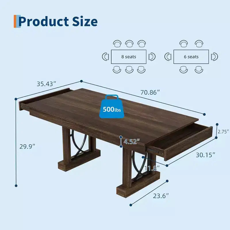 COZONY 71 Dining Table for 8 with Two Drawers, Large Rectangular Kitchen Table with Double Pedestal