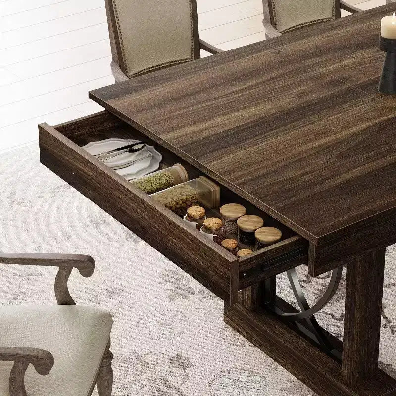 COZONY 71 Dining Table for 8 with Two Drawers, Large Rectangular Kitchen Table with Double Pedestal