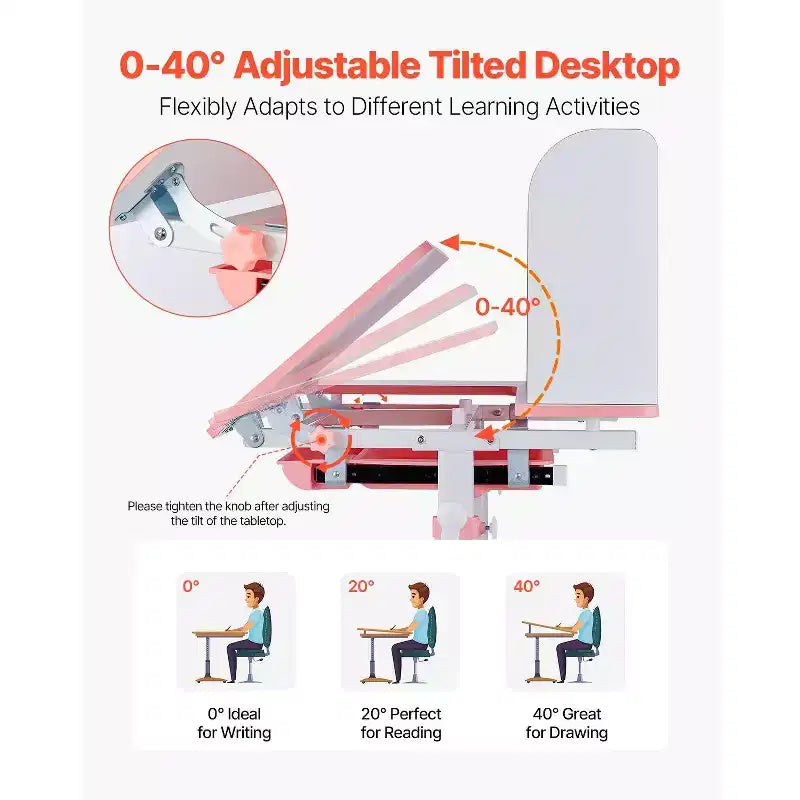 Kids Adjustable Study Desk and Chair Set with Storage Drawer Bookshelf Tilting Desktop
