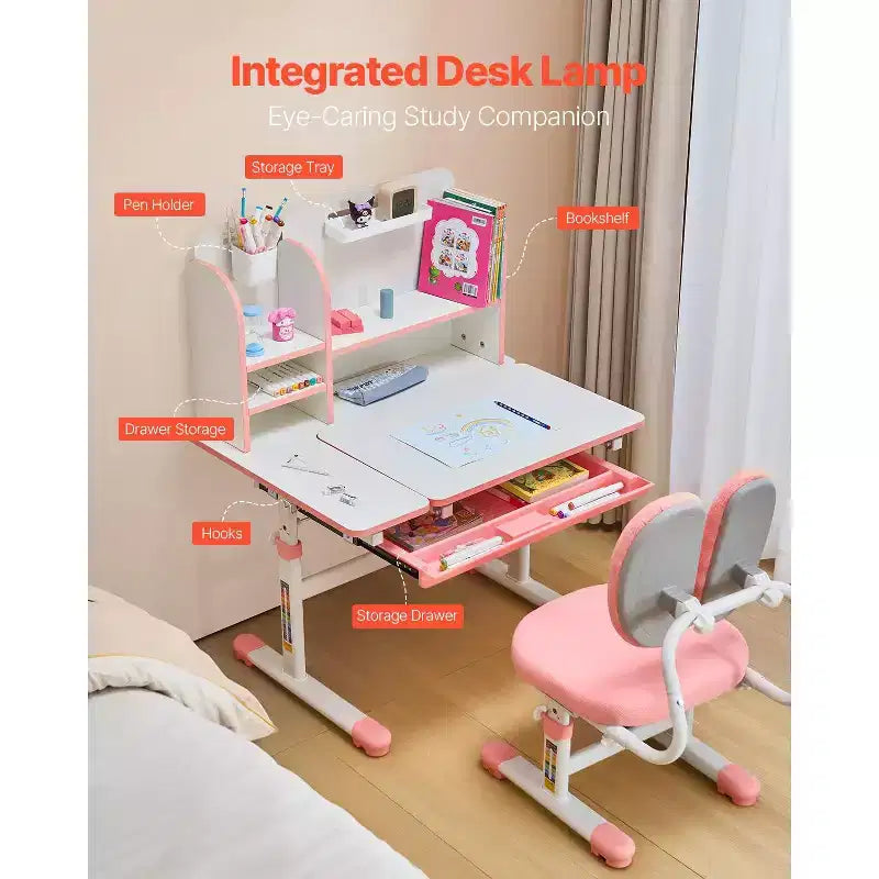 Kids Adjustable Study Desk and Chair Set with Storage Drawer Bookshelf Tilting Desktop
