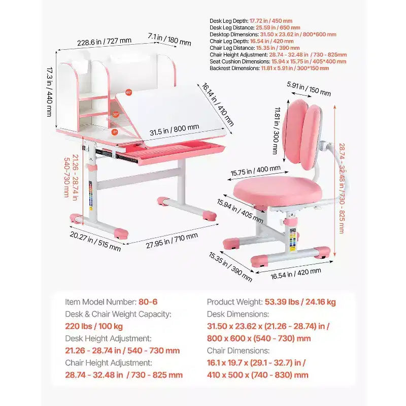 Kids Adjustable Study Desk and Chair Set with Storage Drawer Bookshelf Tilting Desktop