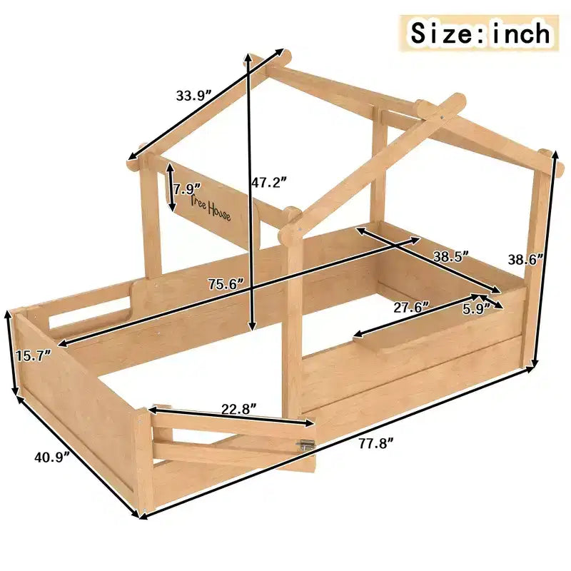 Okak Modern Twin/Full/Queen Floor Bed Frame with Guardrails & Small Built-in Tray,Wooden Canopy Beds for Kids Room,Bedroom