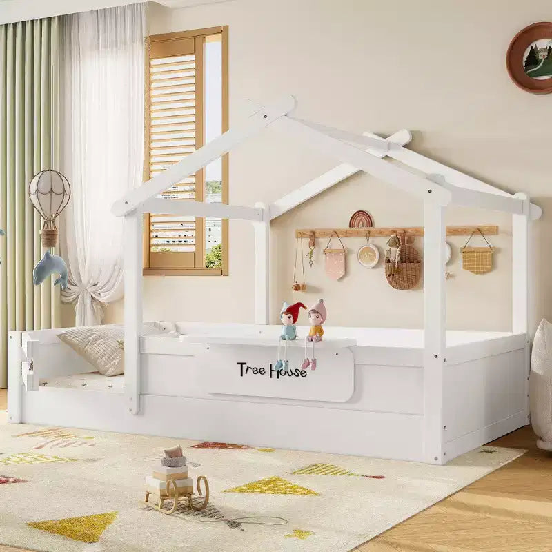 Okak Modern Twin/Full/Queen Floor Bed Frame with Guardrails & Small Built-in Tray,Wooden Canopy Beds for Kids Room,Bedroom