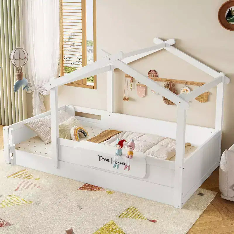 Okak Modern Twin/Full/Queen Floor Bed Frame with Guardrails & Small Built-in Tray,Wooden Canopy Beds for Kids Room,Bedroom