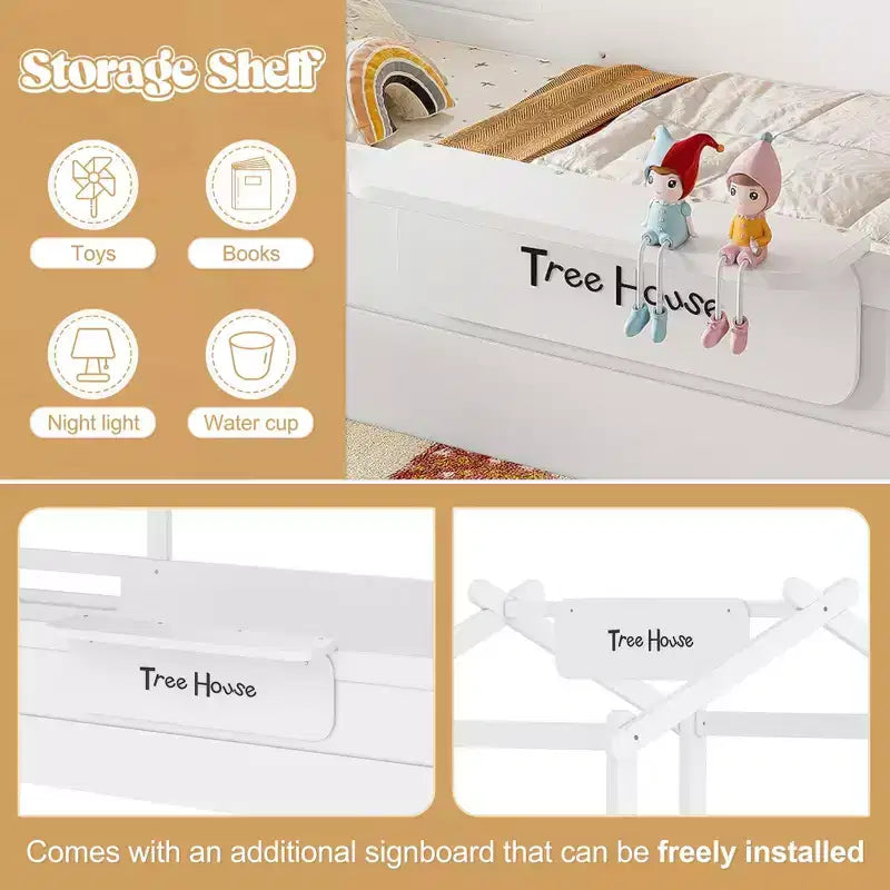 Okak Modern Twin/Full/Queen Floor Bed Frame with Guardrails & Small Built-in Tray,Wooden Canopy Beds for Kids Room,Bedroom