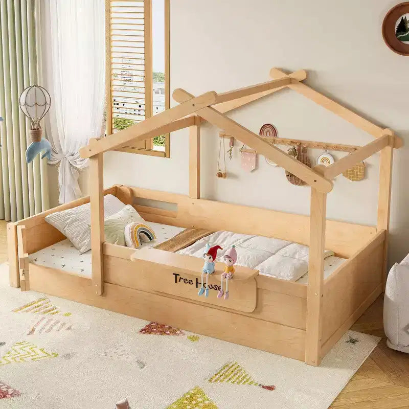 Okak Modern Twin/Full/Queen Floor Bed Frame with Guardrails & Small Built-in Tray,Wooden Canopy Beds for Kids Room,Bedroom