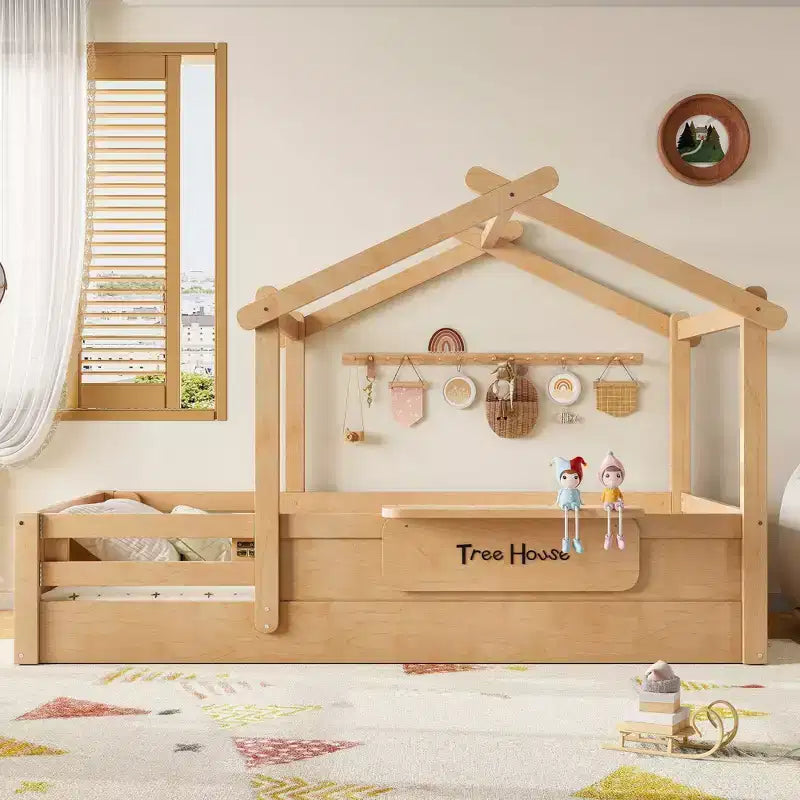 Okak Modern Twin/Full/Queen Floor Bed Frame with Guardrails & Small Built-in Tray,Wooden Canopy Beds for Kids Room,Bedroom