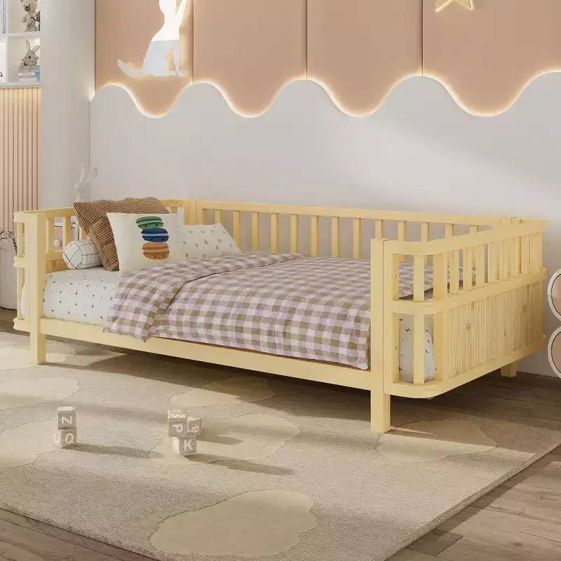 Okak Modern Twin/Full Iron Bed Frame Daybeds with Railings,Wooden Platform Bed for Kids Room,Bedroom,No Box Spring Needed