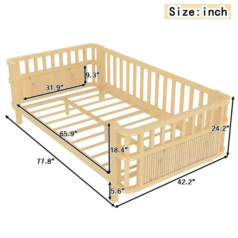 Okak Modern Twin/Full Iron Bed Frame Daybeds with Railings,Wooden Platform Bed for Kids Room,Bedroom,No Box Spring Needed