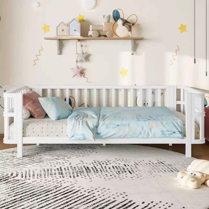 Okak Modern Twin/Full Iron Bed Frame Daybeds with Railings,Wooden Platform Bed for Kids Room,Bedroom,No Box Spring Needed