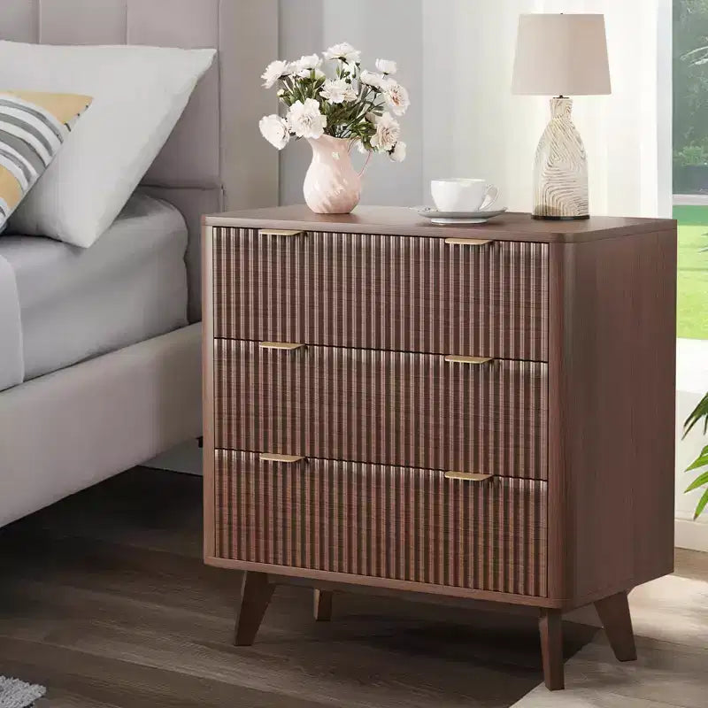 32 Width Fluted Nightstand Set of 2, Modern 3 Drawer Bedside Table , End Table for Bedroom, Living Room, Hallway (Walnut 2pcs)