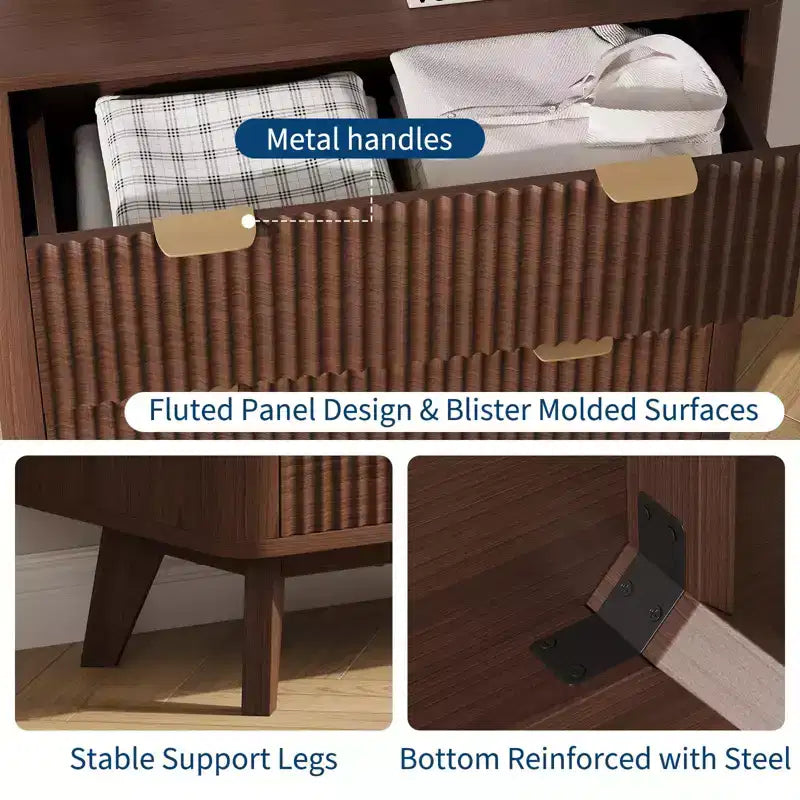 32 Width Fluted Nightstand Set of 2, Modern 3 Drawer Bedside Table , End Table for Bedroom, Living Room, Hallway (Walnut 2pcs)