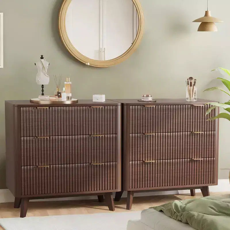 32 Width Fluted Nightstand Set of 2, Modern 3 Drawer Bedside Table , End Table for Bedroom, Living Room, Hallway (Walnut 2pcs)