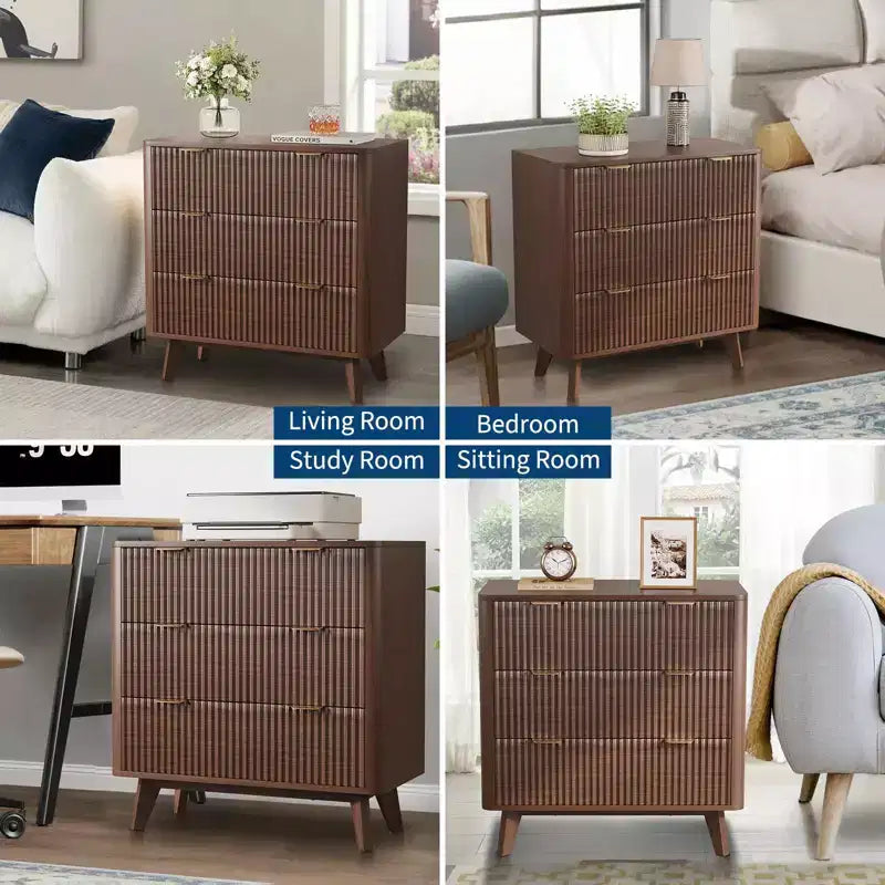 32 Width Fluted Nightstand Set of 2, Modern 3 Drawer Bedside Table , End Table for Bedroom, Living Room, Hallway (Walnut 2pcs)