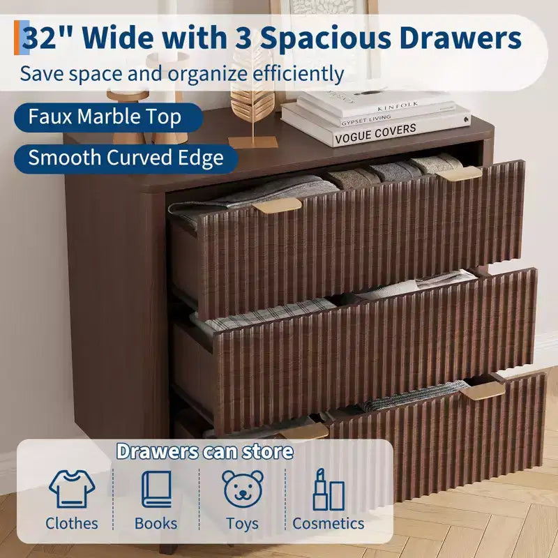 32 Width Fluted Nightstand Set of 2, Modern 3 Drawer Bedside Table , End Table for Bedroom, Living Room, Hallway (Walnut 2pcs)