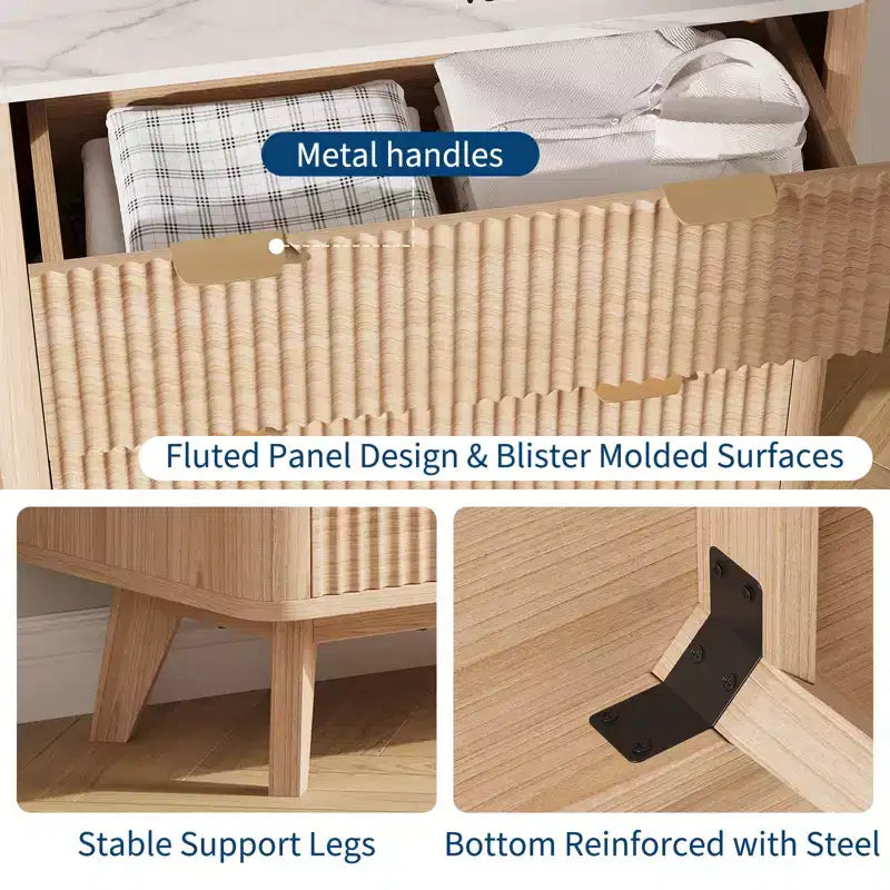 32 Width Fluted Nightstand Set of 2, Modern 3 Drawer Bedside Table , End Table for Bedroom, Living Room, Hallway (Walnut 2pcs)