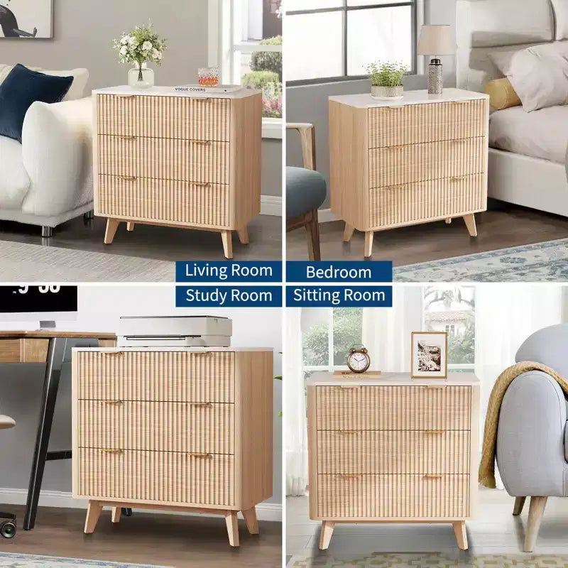 32 Width Fluted Nightstand Set of 2, Modern 3 Drawer Bedside Table , End Table for Bedroom, Living Room, Hallway (Walnut 2pcs)