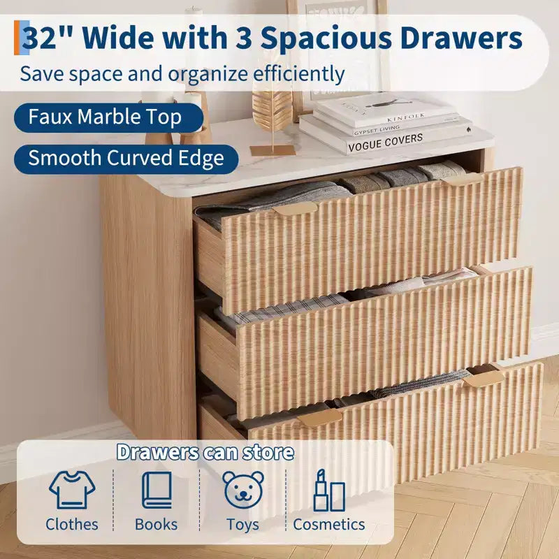 32 Width Fluted Nightstand Set of 2, Modern 3 Drawer Bedside Table , End Table for Bedroom, Living Room, Hallway (Walnut 2pcs)