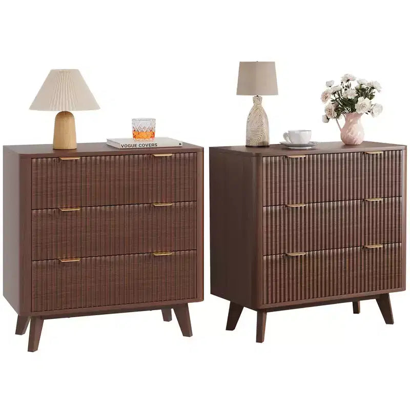 32 Width Fluted Nightstand Set of 2, Modern 3 Drawer Bedside Table , End Table for Bedroom, Living Room, Hallway (Walnut 2pcs)