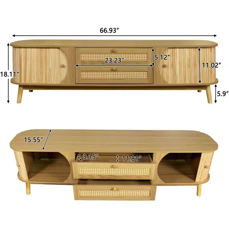 JVNOXKRattan TV Stand for TVs up to 75'', Modern Farmhouse Media Console, Entertainment Center with Solid Wood Legs, TV Cabinet for Living Room