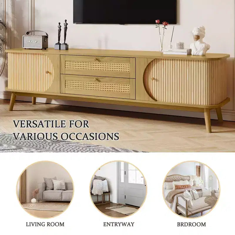 JVNOXKRattan TV Stand for TVs up to 75'', Modern Farmhouse Media Console, Entertainment Center with Solid Wood Legs, TV Cabinet for Living Room