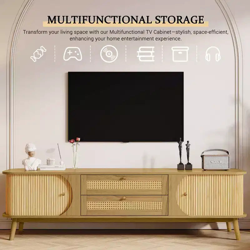 JVNOXKRattan TV Stand for TVs up to 75'', Modern Farmhouse Media Console, Entertainment Center with Solid Wood Legs, TV Cabinet for Living Room