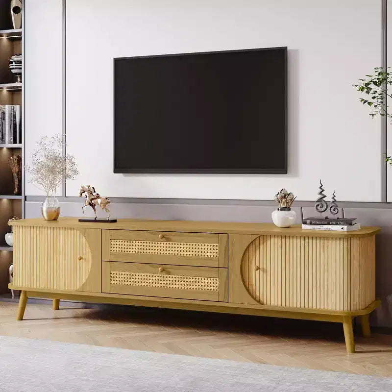 JVNOXKRattan TV Stand for TVs up to 75'', Modern Farmhouse Media Console, Entertainment Center with Solid Wood Legs, TV Cabinet for Living Room