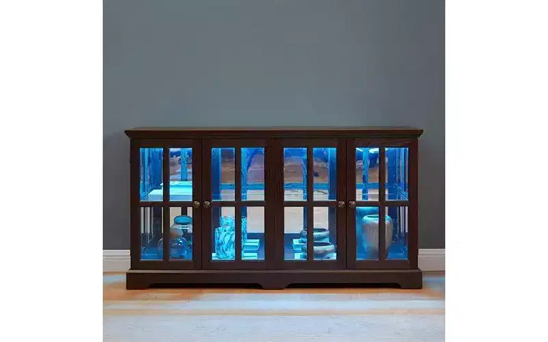 Curio Cabinet, Lighted Glass Display Cabinet w/ 4 Glass Doors & Adjustable Shelves, Lighted Showcase with Light Strip, TV Stand