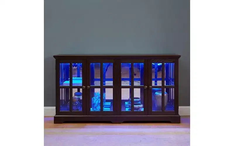 Curio Cabinet, Lighted Glass Display Cabinet w/ 4 Glass Doors & Adjustable Shelves, Lighted Showcase with Light Strip, TV Stand