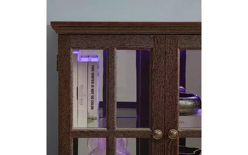 Curio Cabinet, Lighted Glass Display Cabinet w/ 4 Glass Doors & Adjustable Shelves, Lighted Showcase with Light Strip, TV Stand