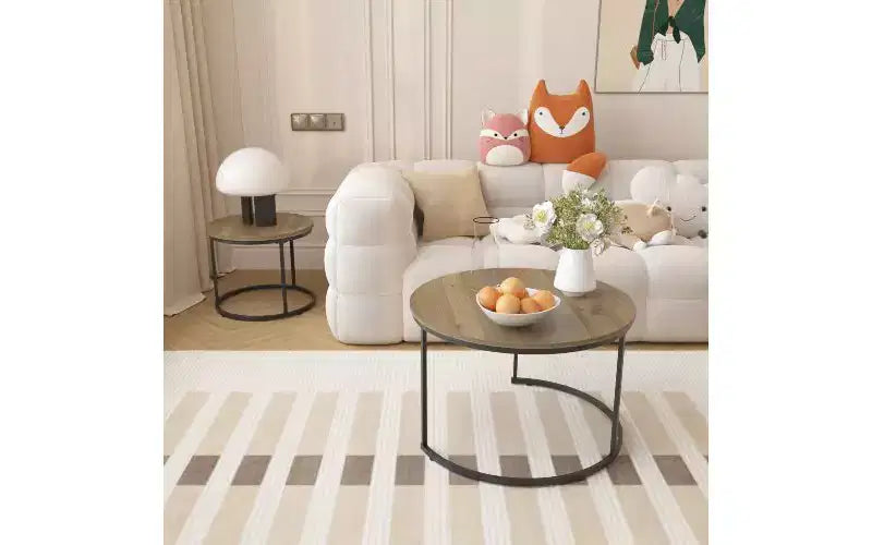 TUYOHW 2-Piece Marbling Nesting Coffee Table Set, Space-Saving Center Table for Living Room, Round Coffee Table Wood Marble Pattern Top