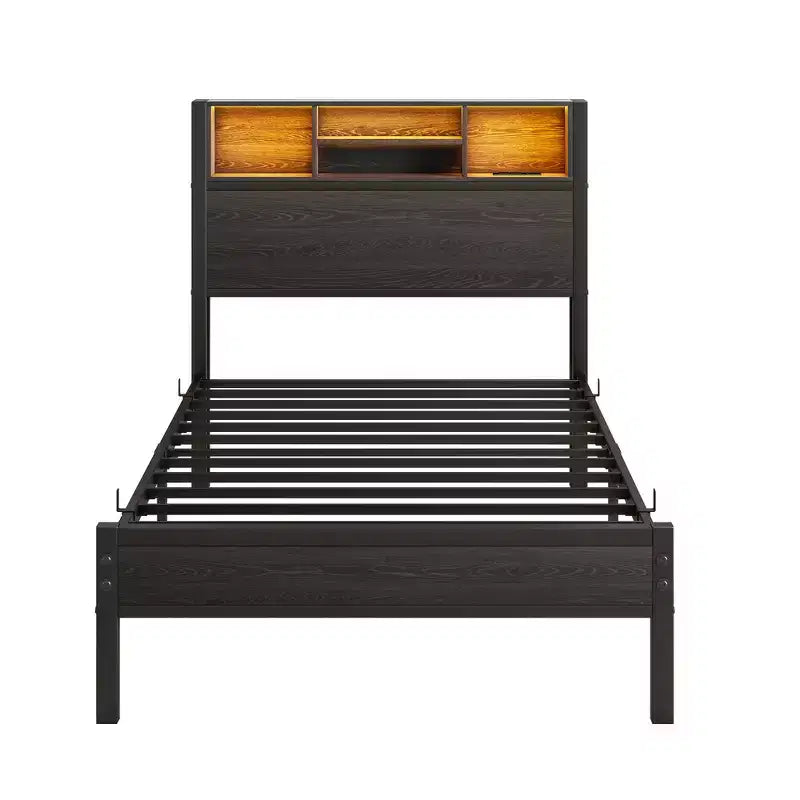 Cadre de lit double en métal avec tête de lit de rangement, lumières LED RGB, station de recharge, rangement bibliothèque, sans sommier tapissier