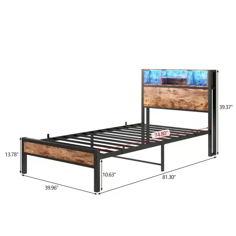 Cadre de lit double en métal avec tête de lit de rangement, lumières LED RGB, station de recharge, rangement bibliothèque, sans sommier tapissier