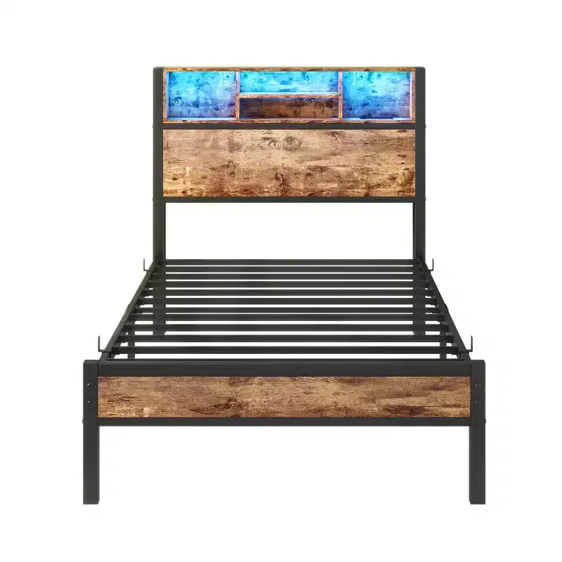 Cadre de lit double en métal avec tête de lit de rangement, lumières LED RGB, station de recharge, rangement bibliothèque, sans sommier tapissier